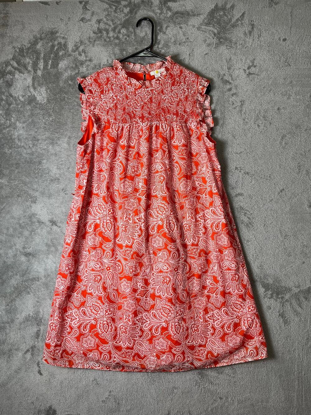 Boden Sleeveless Smocked Mini Dress Orange White Paisley Tie Waist Cottagecore 8